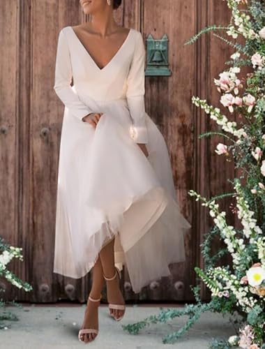 Tea-Length Wedding Dresses for Bride 2025 V-Neck Tulle Bridal Dress Long Sleeves Wedding Gowns3