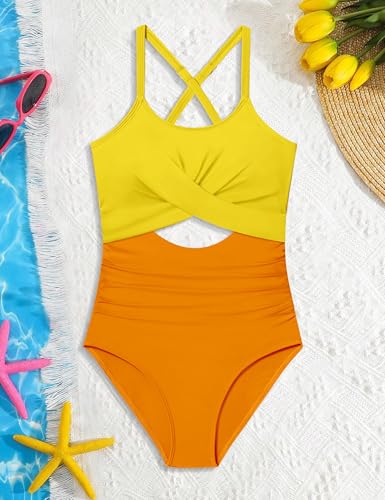 Image of Girl Swimsuit One Piece Cutout Ruched Bathing Suit for Girls Color Block Adjustable Straps Pad Swimwear 9-18y