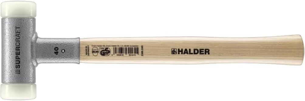 Halder SuperCraft Dead Blow Mallet 3366.040 - Non-Rebounding Mallet, Hard Nylon Inserts, Hickory Wood Handle with Overstrike Protector, 40mm, 1.6 lbs.