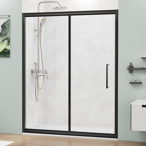 MORDEER 60" W x 72" H Semi-Frameless Glass Shower Door, Sliding Shower Door with Ultra White Clear SGCC Tempered Glass, Easy Sliding Shower Door with Magnetic Seal Strip in Black, Explosion-Proof Film