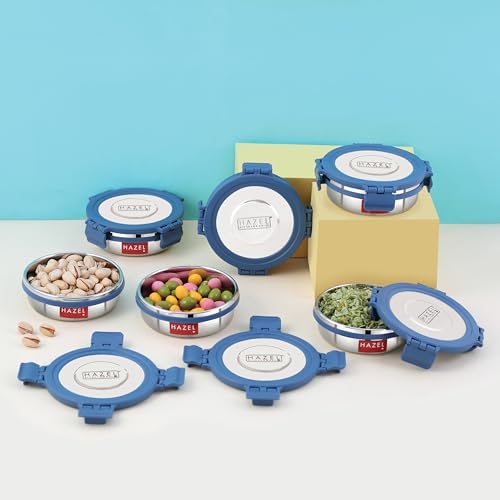 Image of HAZEL Airtight Stainless Steel Containers, 285 ML, Lunch Box with Steel Lid, Set of 6
