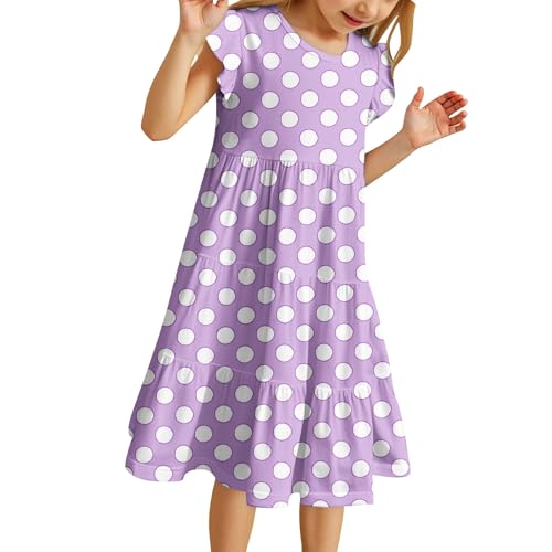 Flutter Sleeve Midi Dress Kids Girls 6-15 Years Trendy Summer Polka Dot Dress Teenager Girls Round Neck Ruffle Cute Elegant Party School Casual Vacation Comfortable Playwear (Purple, 12-13 Years)