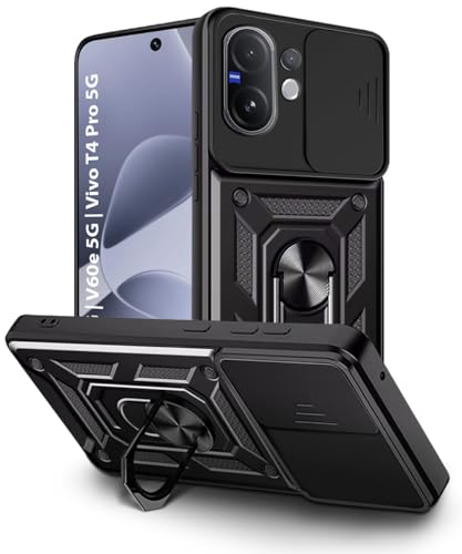Image of WOW IMAGINE Tough Armor Bumper Mobile Back Case for Vivo V60 5G | V60e 5G | Vivo T4 Pro 5G | Sliding Camera Cover | Shock Proof 360 Protection | Hybrid PC + TPU | Ring Holder with Kickstand - Black