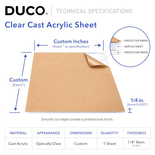 Image of Duco 1 /4 inch Clear Cast Acrylic Sheet, Custom Plexiglass Sheet, 1 Pack