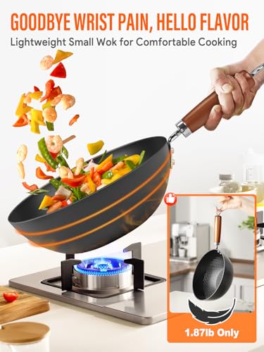 10.5-Inch Carbon Steel Wok, Stay-Cool Wooden Handle Stir-Fry Pan for 2–3 Servings, Authentic Chinese Cooking For All Stovetops, Non Toxic, Oven-Safe, 2-Piece Set