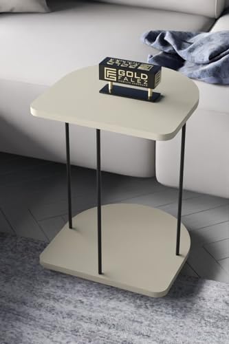 Furpinea C-förmiger, moderner, ovaler Beistelltisch mit minimalistischem schwarzem Metallbein, kleine Räume, Wohnzimmer, halbrunder Akzent-Beistelltisch, TV-Beistelltisch, Kaffeesnack (cremefarben)