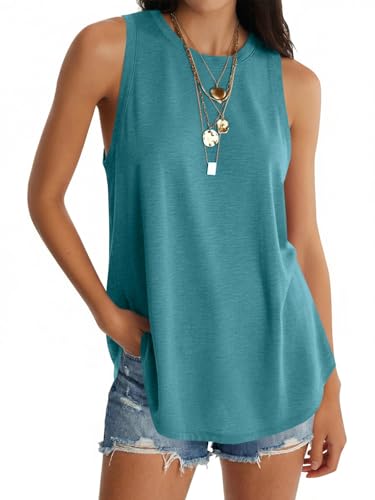 Image of UNCLECAT Womens Oversized Long Tank Tops Summer Sleeveless Tunic Tops | Loose Fit Flowy Tunic,Casual Basic Tank Tops,Workout Tank Tops,Yoga Gym Tees,High Neck,Solid Color