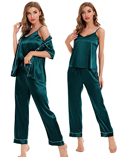 Image of SWOMOG Womens Silk Satin Pajamas Sets 4pcs Sleepwear Sexy Cami Shorts Set and Button Down Short Sleeve Pjs Loungewear