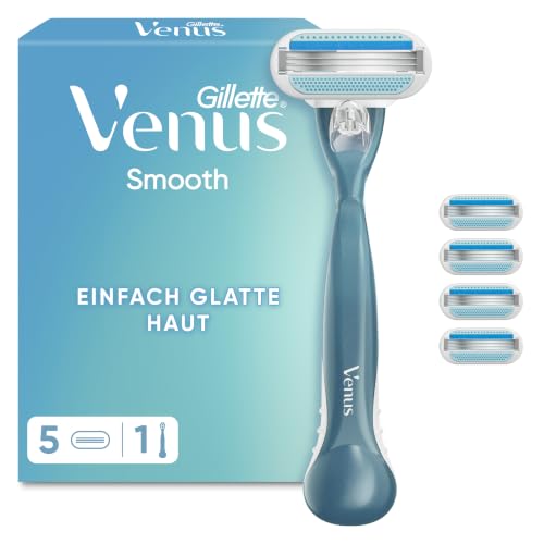Gillette Venus Smooth Rasierer Damen mit Wiederverwendbarem Handstück Inkl. 5 Ersatzklingen für Nassrasierer Blau