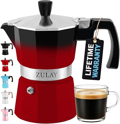 Zulay Classic Stovetop Espresso Maker for Great Flavored Strong Espresso, Classic Italian Style 3 Espresso Cup Moka Pot, Makes Delicious Coffee, Easy to Operate & Quick Cleanup Pot (Red/Black)