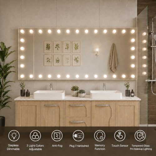 Image of WTTY 84 inchx40 inch Hollywood Vanity Mirror with Lights, Wall-Mounted Makeup Mirror with 3 Color Temperatures, Stepless Dimmable Bulbs, Anti-Fog & Shatter-Proof