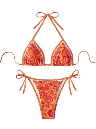Image of BYFINECANY Women's Floral Printed Bathing Suit Halter Paisley Summer Swimsuit Bikinis Set