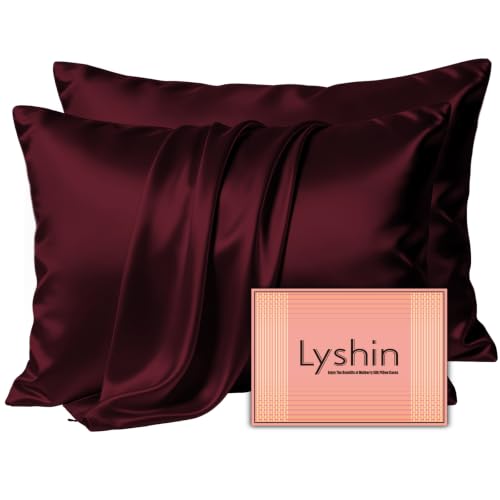 Image of LYSHIN Silk Pillow Cases 2 Pack King Size with Zipper, Burgundy | 19 Momme Mulberry Silk Pillowcase for Skin and Hair, Anti-Acne, Hypoallergenic, Cooling, Beauty Sleep, Gifts for Women