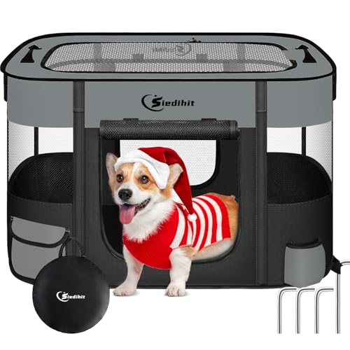 Siedihit Dog Cat Playpen, Pet Puppy Portable Pens for Outdoor Travel Crate, Indoor After Surgery Use, Foldable Dog Kennel Tent for Rabbit or Small Animals and Tent Stakes (Dark Grey, Lagre)
