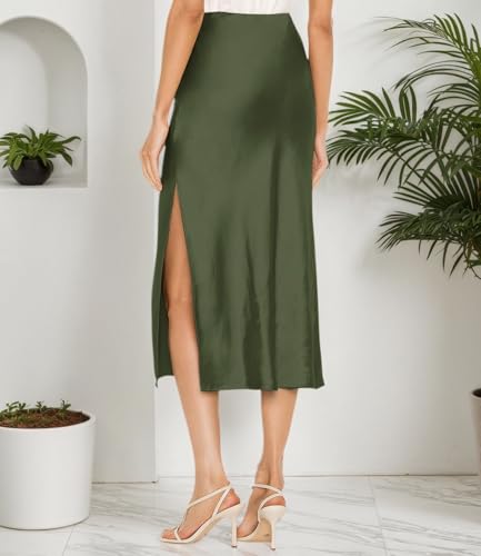 Image of Amy Babe Womens Satin Silk High Waist Slit Midi Skirt Long Skirts for Women | Elastic Waistband, Side Split, Midi Length, Below the Knee, Silky Fabric, Elegant, Fall Winter Outfits