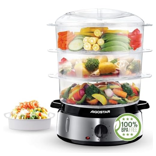 Aigostar Fitfoodie Steel 30INA-Vaporera eléctrica para cocinar alimentos al vapor, 800 W, temporizador y base en acero inoxidable. Libre de BPA, dispone de 3 recipientes de cocinado. Diseño Exclusivo.