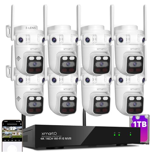 xmartO 16CH 8Pcs 6MP Tri-Lens PTZ Security Camera System, 16CH 4K WiFi 6 Mesh NVR with 1TB NVR, 3-View/Cam, Long Range Wireless, Plug-in 24/7 Home Surveillance, AI Detection, No Monthly Fees