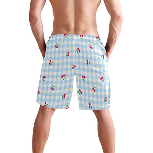 Cute Cherry Blue Check Men's Swim Trunks Beach Shorts Quick Dry Swim Board shorts With Pockets M4