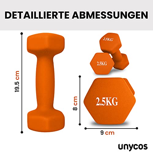 Foto von unycos - Kurzhanteln 2er Set à 2,5kg - Hexagon Hanteln, Rutschfest, Anti-Roll-Design, Bequemer Griff, Abwaschbar, Kraftraining, Fitness, Aerobic, Pilates, Training zu Hause und im Fitnessstudio
