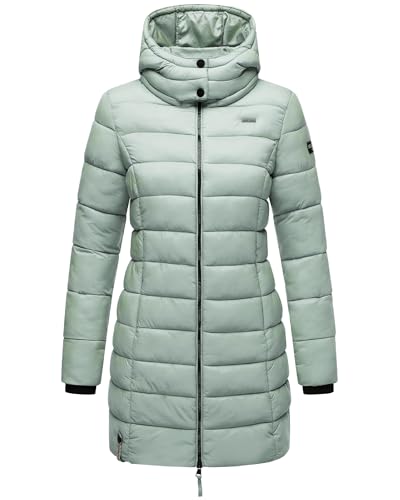 MARIKOO Damen langer Wintermantel warmer Steppmantel mit abnehmbarer Kapuze Abendsternchen Smokey Mint Gr. L
