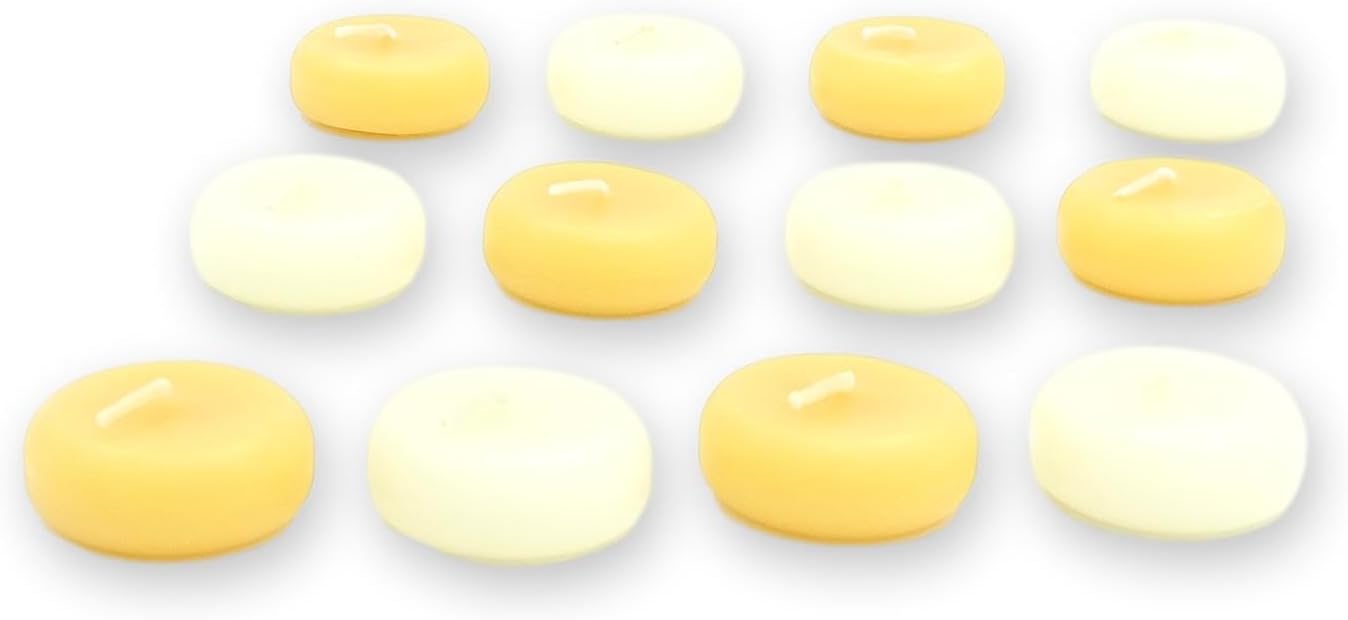Beeswax Floating Candles, Ivory and Yellow Round Shaped Candles for Vases, Centerpieces at Wedding, Party, Pool, Holidays (12)