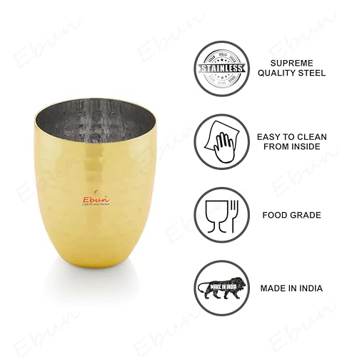 Image of Ebun Heavy Gauge Stainless Steel Glass Set | Gold PVD Plated Steel Glass Set of 6 for Water | Steel Glasses | Stainless Steel Glass Set of 6 | 300 Ml