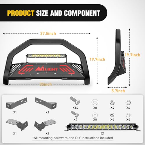 Image of Nilight Bull Bar with Light fits 2003-2008 Honda Pilot, 2006-2015 Honda Ridgeline, 2001-2006 Acura MDX Front Bumper Grille Brush Push Guard with Skid Plate Licence Plate Hole Black