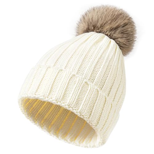 Image of Winter Hats for Women - Beanies Women Winter Hat with Faux Fur Pom Warm Knit Skull Cap Thick Beanie Hat White