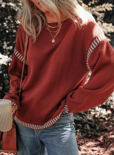 Image of Women's Crewneck Long Sleeve Sweater Casual Fall Contrast Ribbed Knit Pullover Jumper Tops