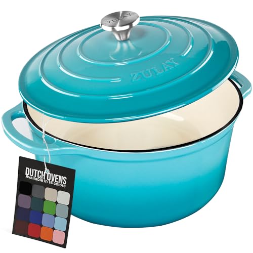 Zulay Kitchen 6 Quart Enameled Cast Iron Dutch Oven with Lid – Premium Durability & Oven Safe up to 500°F – Heavy Duty Cookware Perfect for Bread Baking, Stews, Braising & Roasting – Light Blue