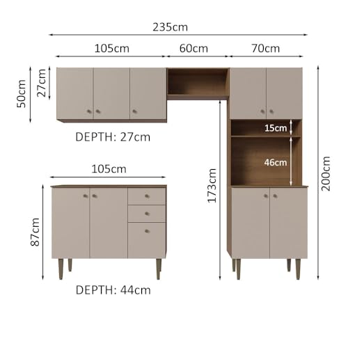 Image of Madesa Compact Kitchen Set with Cabinets, Ample Storage 235 Cm Wide with Multiple Compartments, 10 niches, 2 Drawers - Brown /Beige