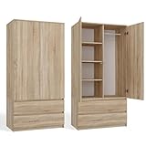 CDF Armoire à 2 Portes Meuble de Rangement Armoir Chambre 2 Tiroirs Polyvalent avec 3 Étagères Placard Multifonction pour Entrée Salon Chambre Bureau Chêne Sonoma Armoire avec Penderie