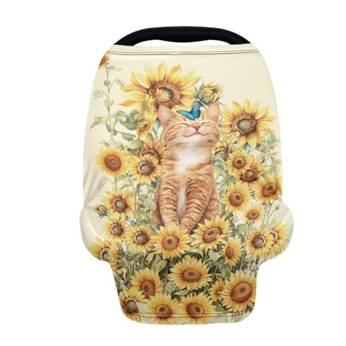 Image of Forchrinse Sunflower Cat Print Baby Car Seat Canopy for Boys Girls - Soft Nursing Breastfeeding Cover Stroller Cover Baby Car Seat Cover for Cat's Lover