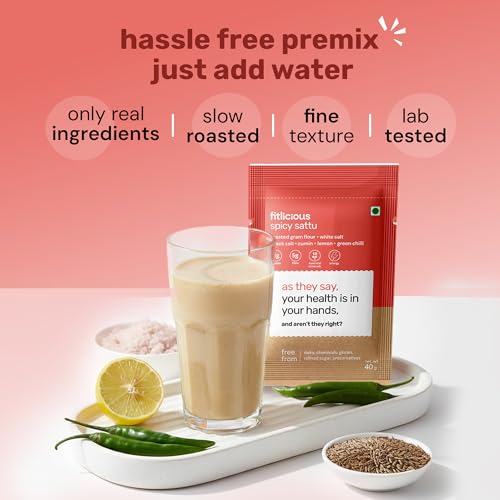Image of fitlicious Spicy Sattu Powder | Bihari Chana Sattu | Natural & Organic | Gluten-Free, Non-GMO | High Protein & Fiber | Instant PremiX | Healthy Drink For All Ages | Pack Of 10 X 40g Sachets