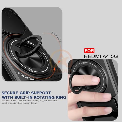 Image of Redmi A4 / 14C / C75 5G / M7 5G Back Cover | Armor Camera Slider 360 Degree Rotating Finger Ring Holder Case with Bracket Stand Back Case Cover (Compatible with MagSafe Accessories) (Black)
