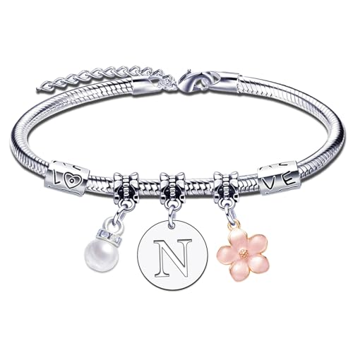 YJYJZX Bracelet Lettre Cadeau Femme Fille Initiale A-Z Argent Bijoux Cadeaux Inspiré Noël Anniversaire Pour Meilleur Amis Bracelet lettre initiale pendentif (N)