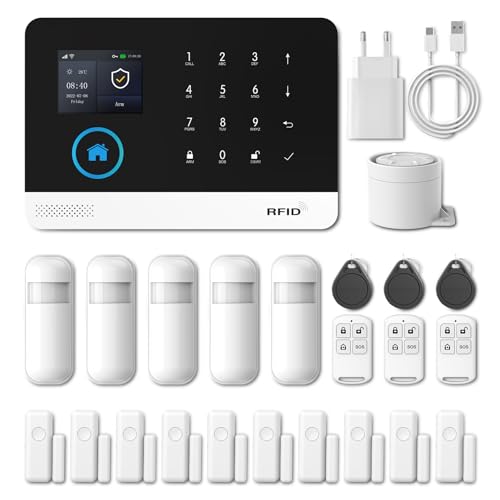 PGST Allarme Casa Senza Fili, 24 Pezzi WIFI/GSM SMS Sistema Antifurto con Sirena Allarme 120dB,Telecomando Intelligente,Display LCD, Invite vocale, Sicurezza per la casa,ufficio,Compatibile con Alexa
