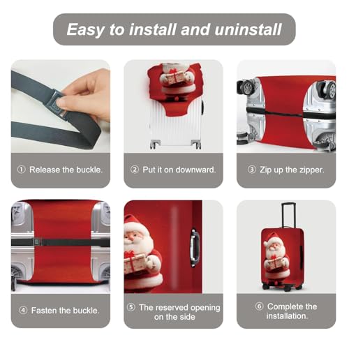 Image of Doll Style Luggage Cover - 3D Santa Holding Present on Red Background, Unique Suitcase Protector for 18 20 22 Inch Bag