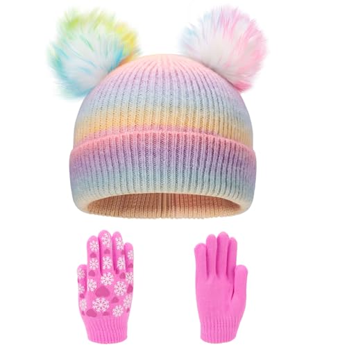 Girls Knit Beanie Hat and Glove Set Tie Dye Rainbow Pom Pom Beanies for Kids Winter Snow Ski Hats Caps 7-12 Years