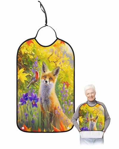 Fall Foxes Flowers Adult Bib for Adults Men, Women, Autumn Animal Birds Watercolor Washable & Adjustable Terry Cloth Bib with Crumb Catcher Reusable Waterproof Clothing Clothes Protector Apron