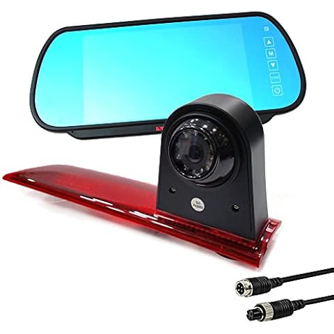 KNRAGHO Compatible for Ford Transit Custom Backup Camera,Rear High Level Brake Light Reversing Parking Camera from 2012-2015 LED Version with 7 inch Clip-on Mirror Monitor Cover