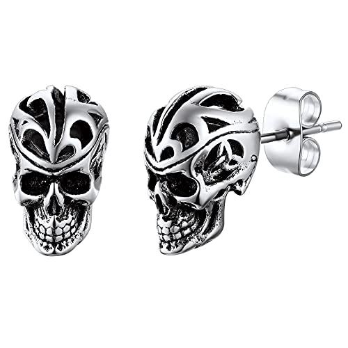 Gothic Skull Stud Earrings Women Stainless Steel Piercing Ear Charms, Punk Skeleton Vintage Celtic Ears Studs for Men
