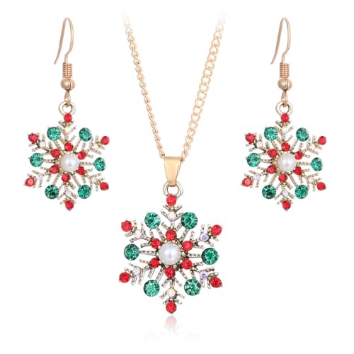 PINK TOWN Christmas Necklace Earrings Set Vintage Snowflake Drop Oil Necklace Earrings Multilayer Christmas Choker Xmas Jewelry for Women (Gold)