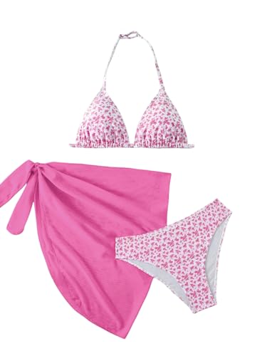 Image of SOLY HUX Girl's Summer Swimsuit Set Floral Halter Triangle Bikini Set with Wrap Skirts Beachwear
