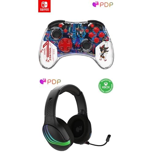 Bundle of PDP REALMz Wireless Nintendo Switch Pro Controller (Sonic Shadow Space Colony ARK with Full Motion Controls) + PDP Afterglow Wave Wireless Headset Compatible with Bluetooth, Black