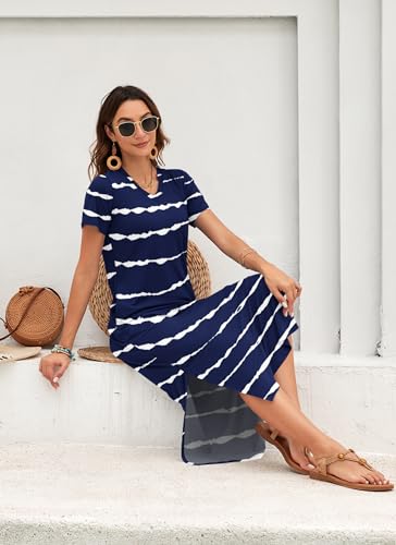 Image of MISFAY Womens Maxi Dress Short Sleeve V Neck Loose with Pockets | Soft stretchy breathable, v neck loose fit, side split hem, two side pockets, casual daily beach vacation travel dress
