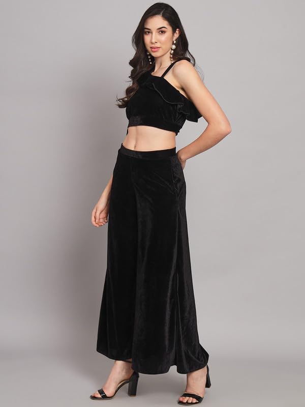 Image of Vaararo Velvet Co-Ords for Women | One Sleeve Crop Top with Palazzo Set Casual Party Dress