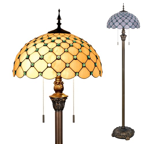 Image of Tiffany Style Floor Lamp, 16 inch Stained Glass Pastel-hued Grey Blue Domed Shade with Antique Bronze Base, 2-Light E26 Pull Chain Standing Reading Light for Living Room, Bedroom,16x16x64 Inches