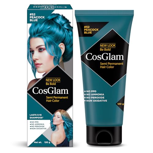 Image of Cosglam Semi Permanent Hair Color - Peacock Blue (#52) for Women & Men (120g) | Vegan Colorful Hair Dye | No Ammonia, No Peroxide | Non-Oxidative | Conditioner Enriched Glossy Finish