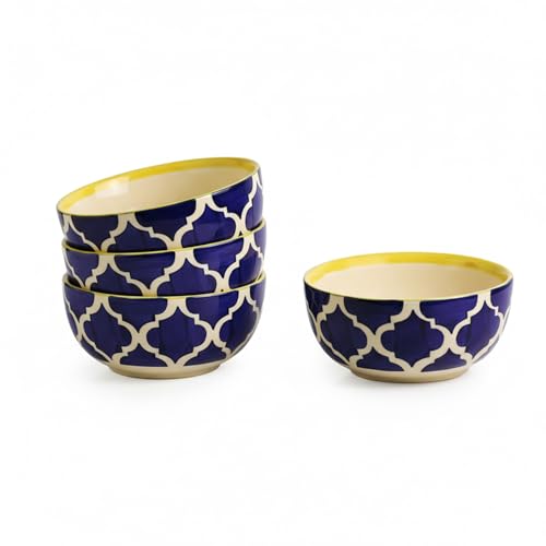 Image of ExclusiveLane 'Four Mediterranean Bowls' Ceramic Bowls for Serving Bowl Set (Set of 4, Microwave & Diswasher Safe, Each Bowl Capacity : 180 ml) |Bowl for Kitchen Snacks Serving Bowl Ceramic Snack Bowl